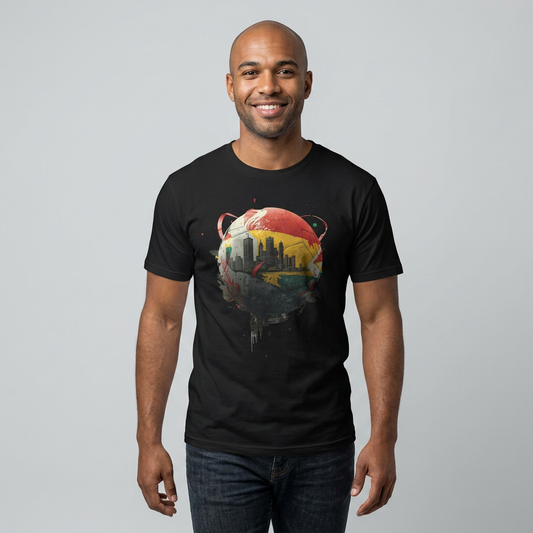 Ghana Soccer Ball with Accra Skyline and Flag Drips T-shirt Fan Tee