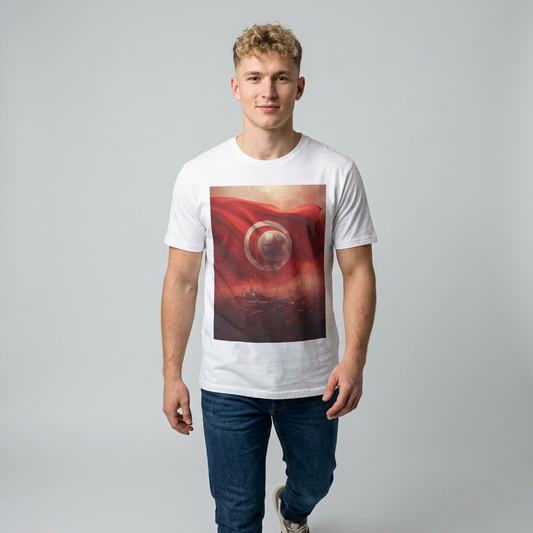 Tunisian Pride Football T-Shirt Cityscape & Waving Flag with Crescent Soccer Ball Tee