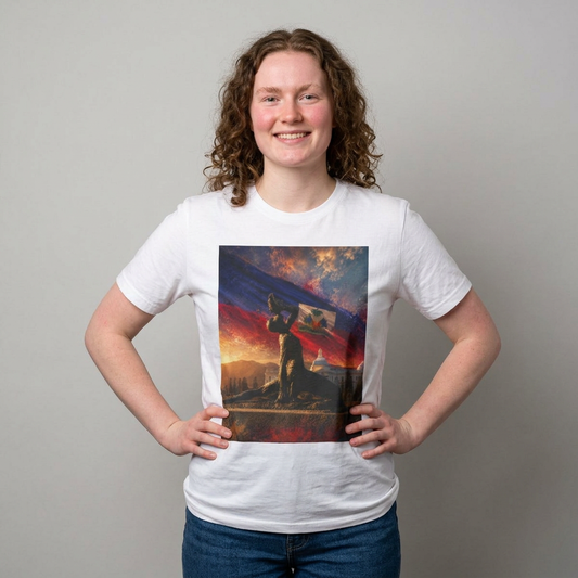 Haitian "Marron Inconnu" Sculpture T-Shirt — Spirit of Freedom & Flag Fan Tee