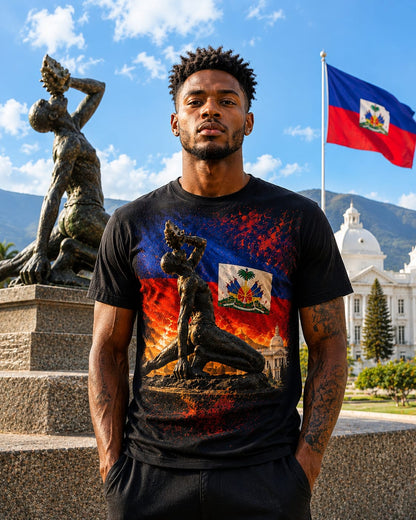 Haitian "Marron Inconnu" Sculpture T-Shirt — Spirit of Freedom & Flag Fan Tee