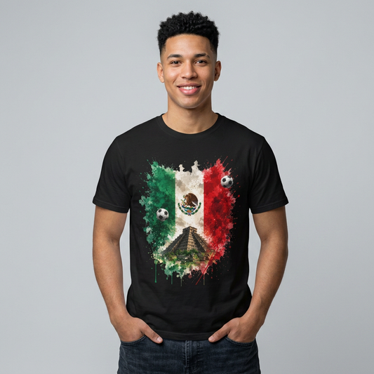Mexico Soccer Flag T-Shirt — Mexican Flag, Pyramid & Football Fan Tee