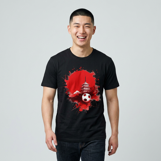 Japan Football T-Shirt with Rising Sun Splatter and Pagoda Design Tee