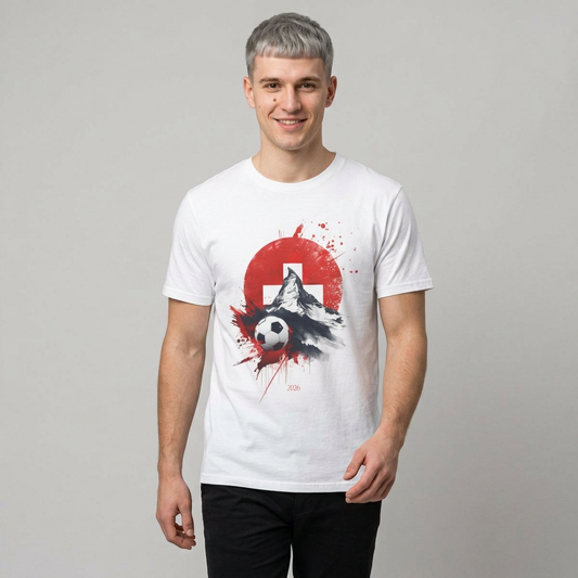 Swiss Flag Soccer T-Shirt with Grunge Paint Splatter and Alps Peak Design Tee