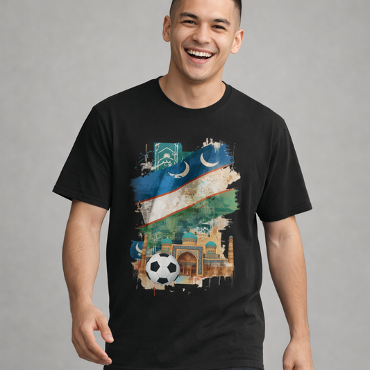Uzbekistan Flag Soccer T-Shirt — Crescent Emblem & Landmark Design Tee