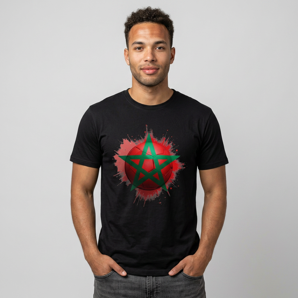 Morocco Football Flag Graphic T-Shirt – Moroccan Star Soccer Ball Design Tee
