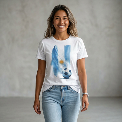 Argentina Flag Soccer T-Shirt — Watercolor Sun & Ball Design Tee