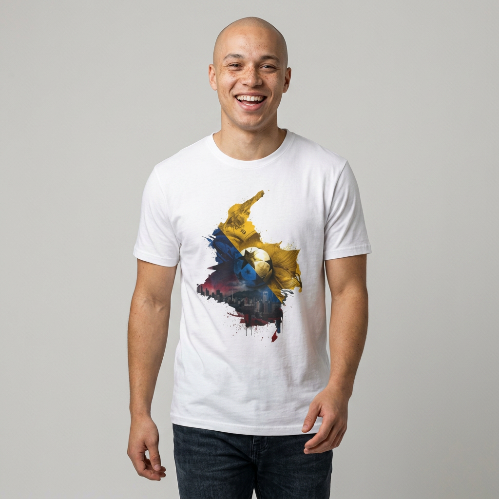 Colombia Map Skyline Football T-Shirt — Watercolor Grunge Soccer Design Tee