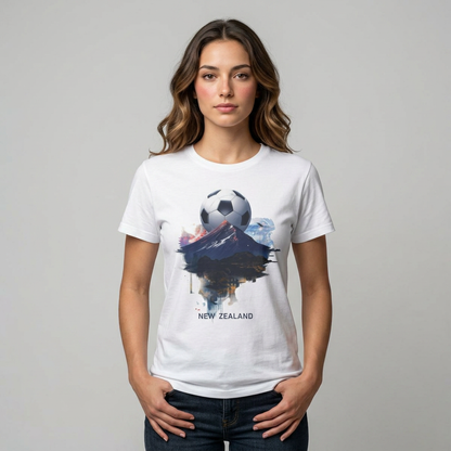 New Zealand Football Mountain T-Shirt — Majestic Landscape Soccer Design Tee