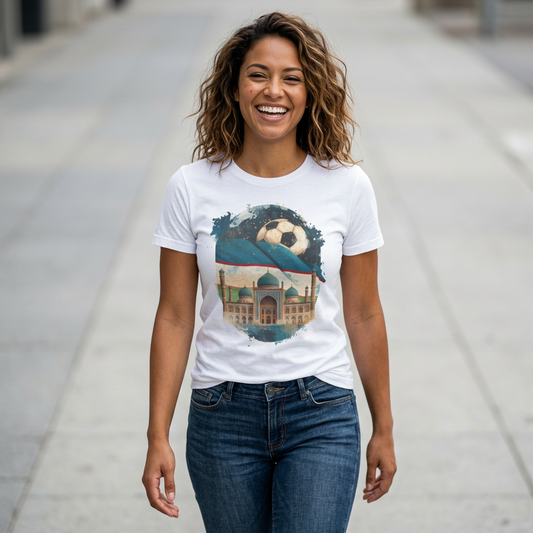 Uzbekistan Football Pride T-shirt Historic Madrasa and Vintage Soccer Ball Tee