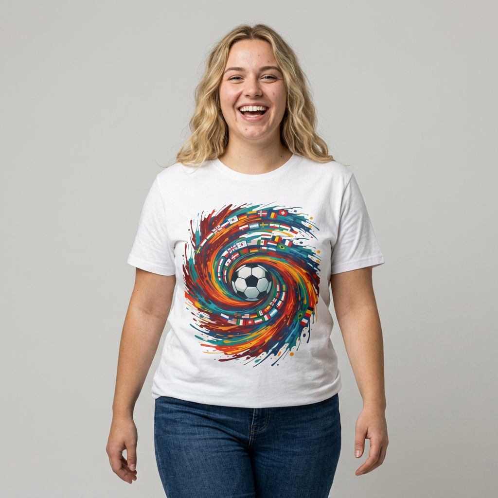 Soccer World Flags T-Shirt — Vibrant International Football Swirl
