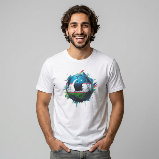 Uzbekistan Football Flag Splatter T-Shirt Abstract Crescent Moon Design Tee