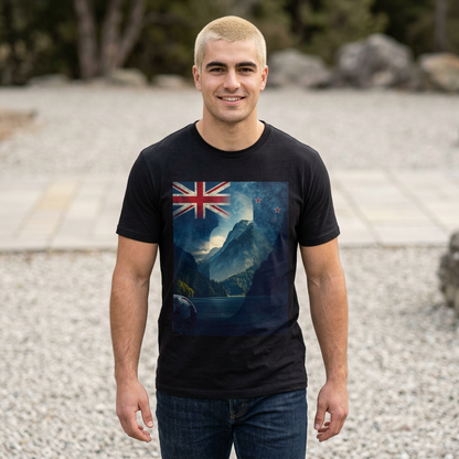 New Zealand Flag Mountain T-Shirt Cinematic Landscape Soccer Graphic Tee