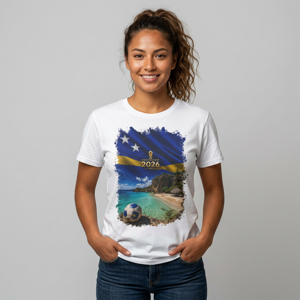 Curaçao Football Flag Beach Graphic T-Shirt Cinematic Caribbean Soccer Tee