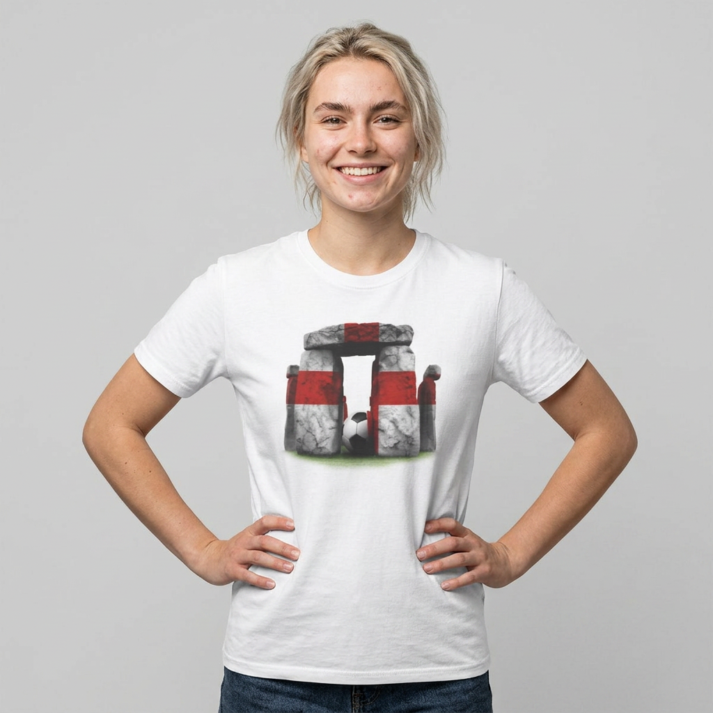England Flag Stonehenge Football T-Shirt Three Lions Soccer Ancient Monument Tee