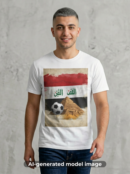 Iraq Flag Soccer T-Shirt — Arabic 'Allah Al-Watan' Vintage Pyramids Design Tee