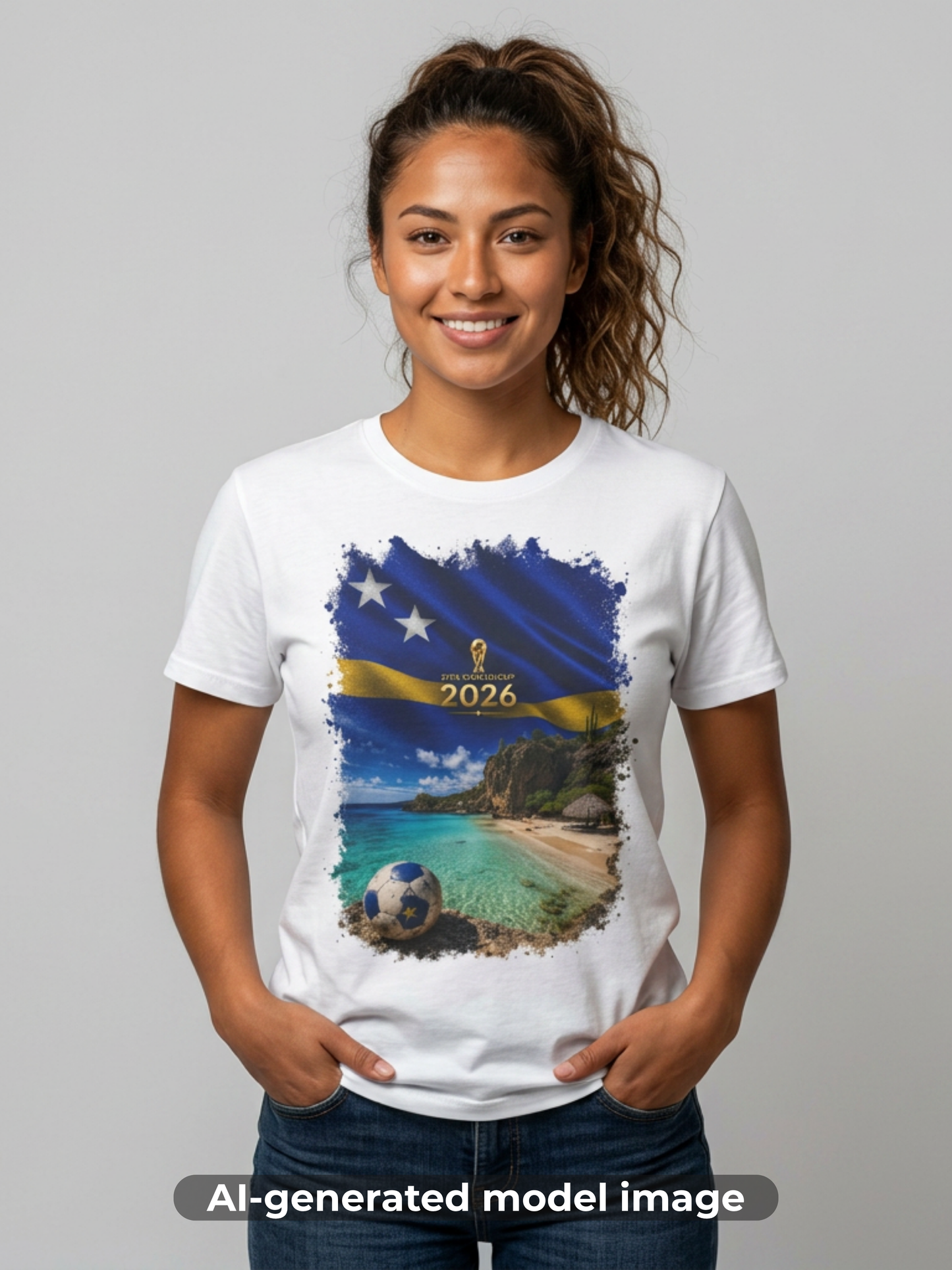 Curaçao Football Flag Beach Graphic T-Shirt Cinematic Caribbean Soccer Tee