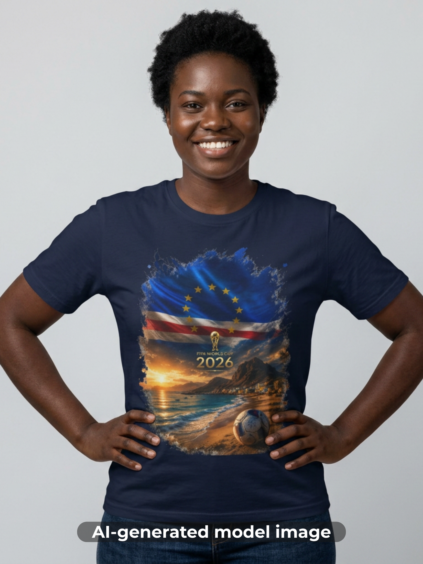 Cape Verde Football Flag Beach Graphic T-Shirt Blue Sharks Soccer Tee