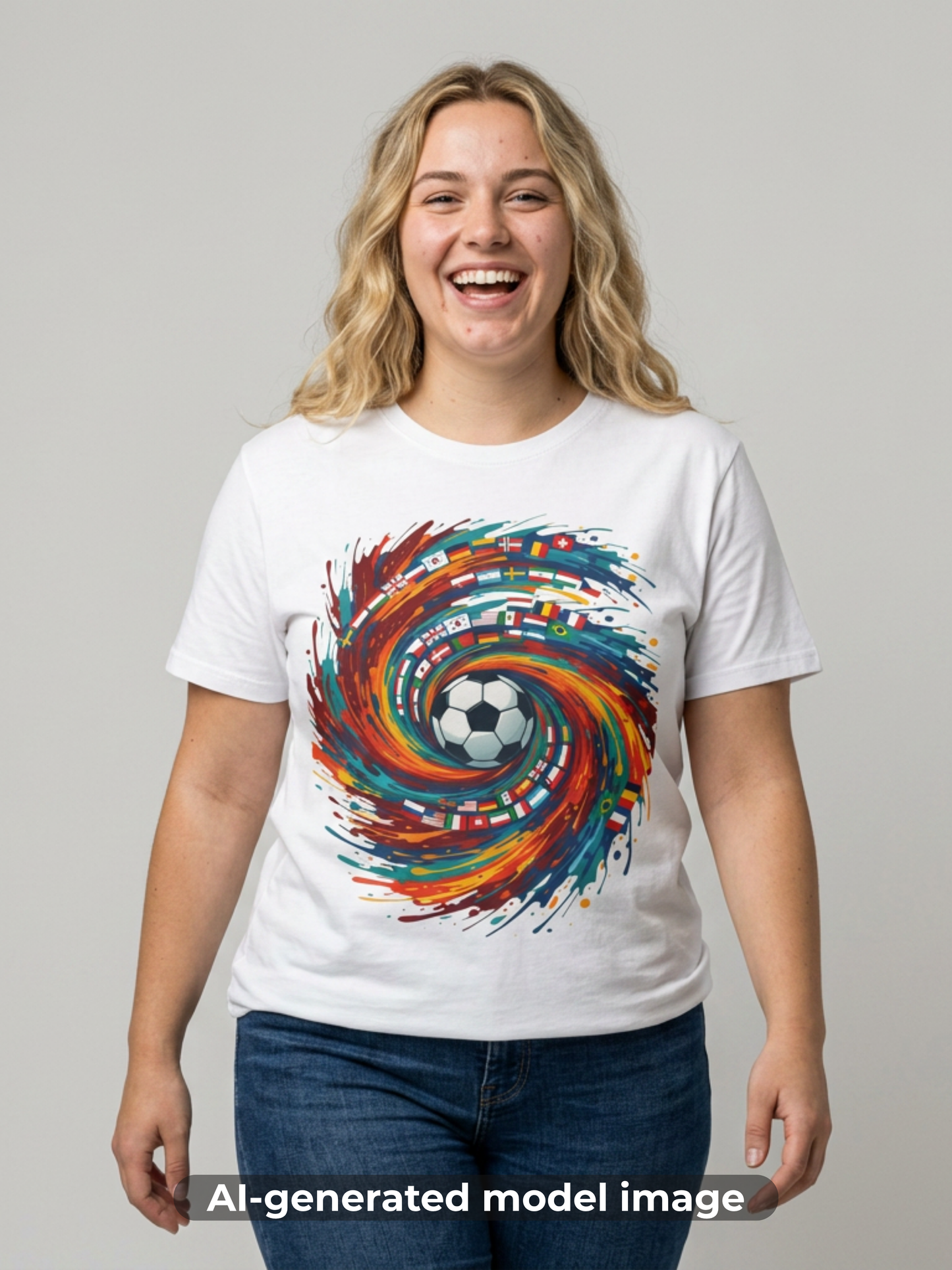 Soccer World Flags T-Shirt — Vibrant International Football Swirl