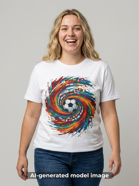 Soccer World Flags T-Shirt — Vibrant International Football Swirl