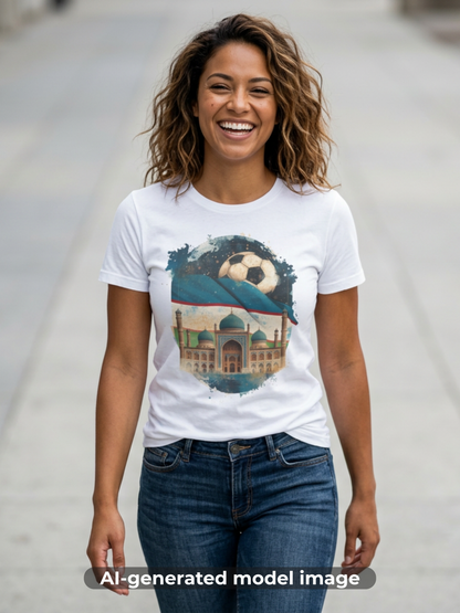 Uzbekistan Football Pride T-shirt Historic Madrasa and Vintage Soccer Ball Tee