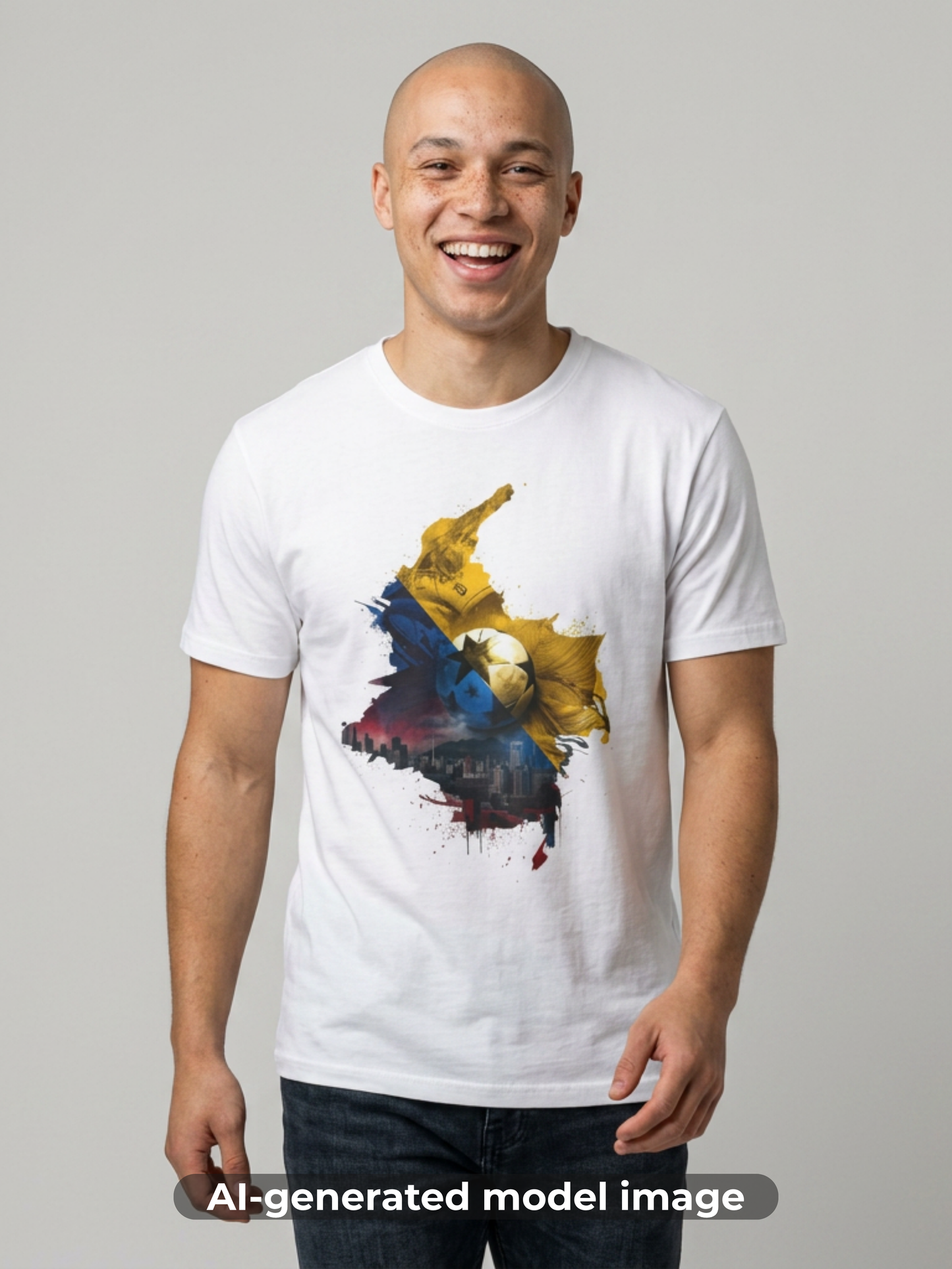 Colombia Map Skyline Football T-Shirt — Watercolor Grunge Soccer Design Tee