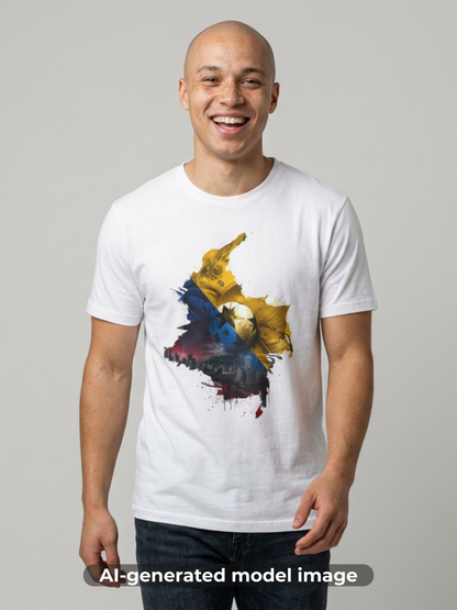 Colombia Map Skyline Football T-Shirt — Watercolor Grunge Soccer Design Tee