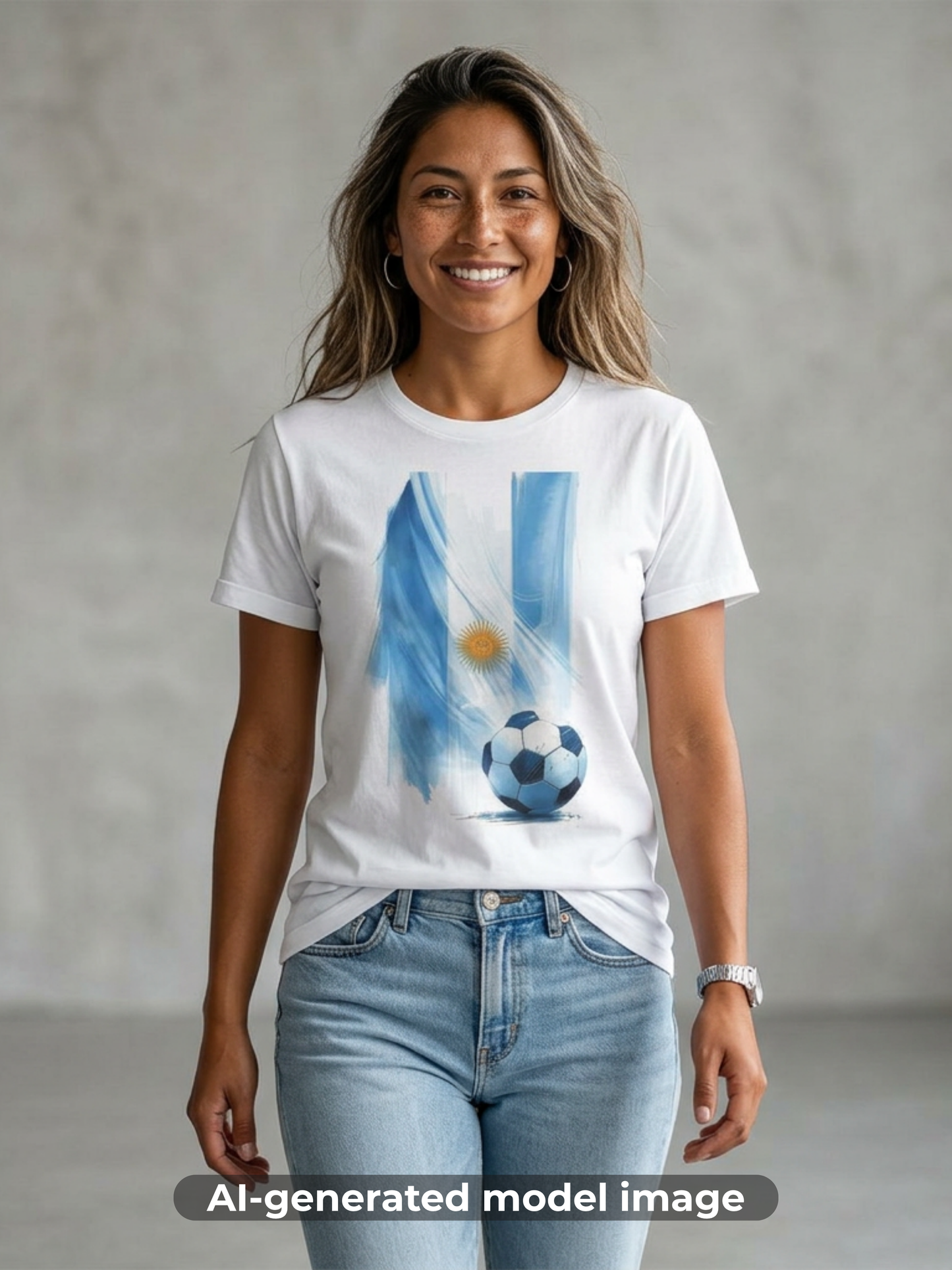 Argentina Flag Soccer T-Shirt — Watercolor Sun & Ball Design Tee