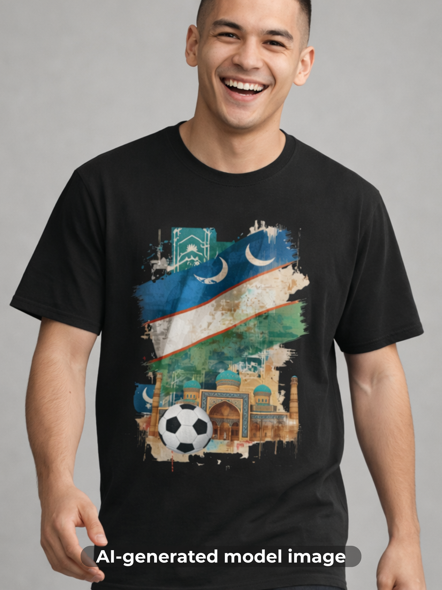 Uzbekistan Flag Soccer T-Shirt — Crescent Emblem & Landmark Design Tee