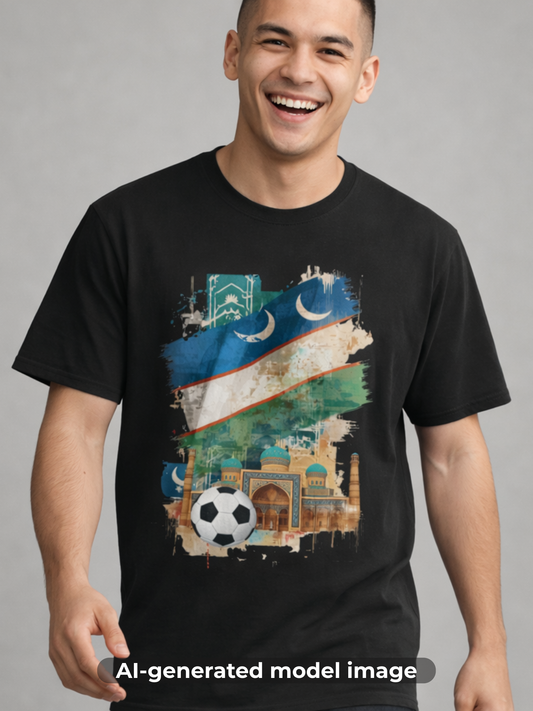 Uzbekistan Flag Soccer T-Shirt — Crescent Emblem & Landmark Design Tee