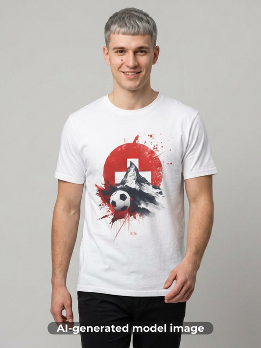 Swiss Flag Soccer T-Shirt with Grunge Paint Splatter and Alps Peak Design Tee