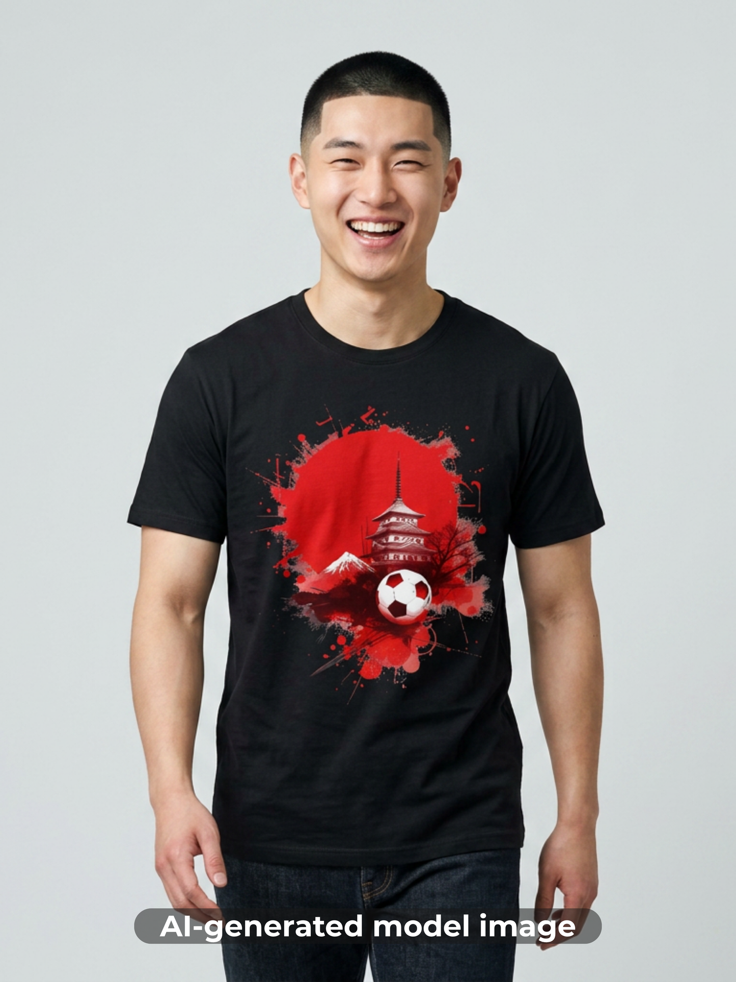 Japan Football T-Shirt with Rising Sun Splatter and Pagoda Design Tee