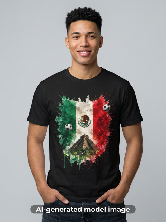 Mexico Soccer Flag T-Shirt — Mexican Flag, Pyramid & Football Fan Tee