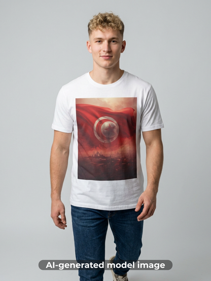 Tunisian Pride Football T-Shirt Cityscape & Waving Flag with Crescent Soccer Ball Tee