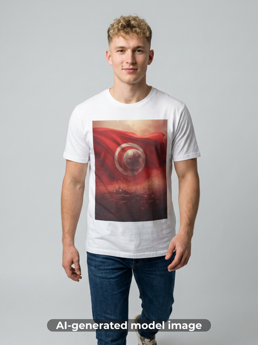 Tunisian Pride Football T-Shirt Cityscape & Waving Flag with Crescent Soccer Ball Tee