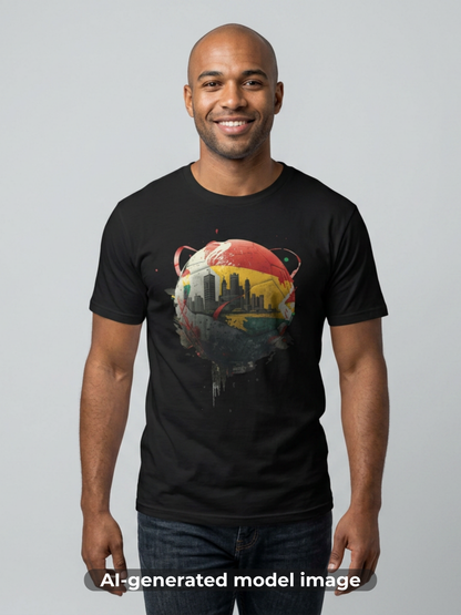 Ghana Soccer Ball with Accra Skyline and Flag Drips T-shirt Fan Tee