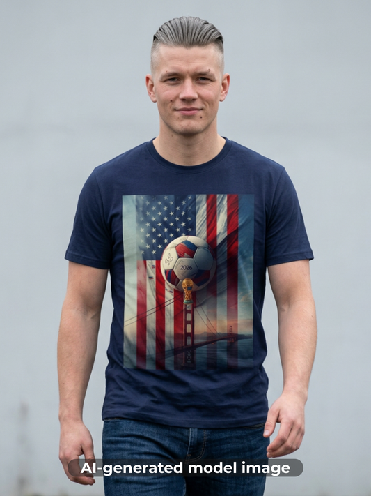 American Soccer Poster T-Shirt — Golden Gate Ball & Flag Graphic Tee