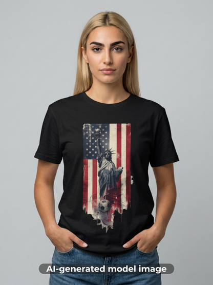 Statue of Liberty American Flag Soccer T-Shirt — Patriotic USA Graphic Tee