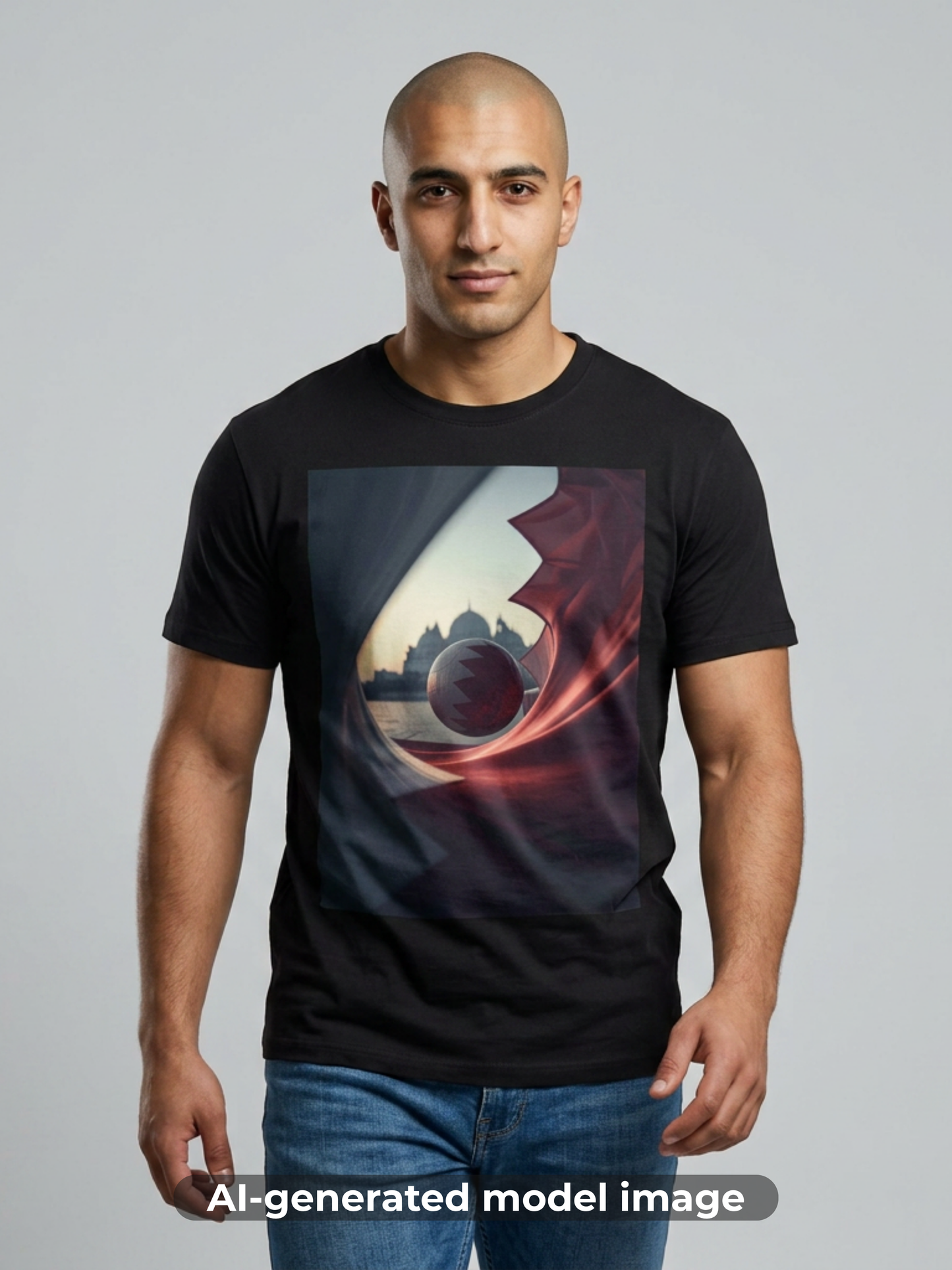 Qatar’s Flag-Patterned T-shirt Soccer Ball and Mosque Skyline Fan Tee