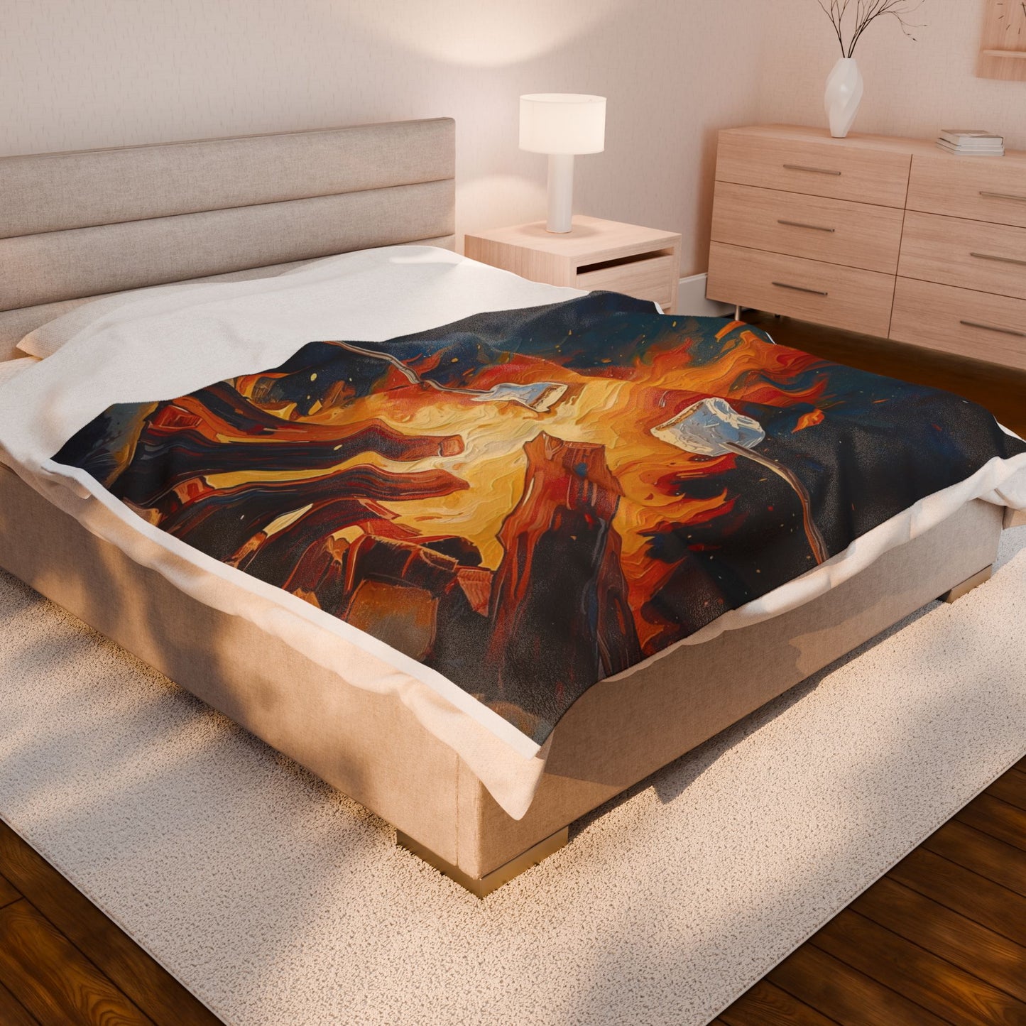 Bonfire Marshmallow Plush Blanket — Cozy Velveteen Throw for Camping Nights & Outdoor Gatherings