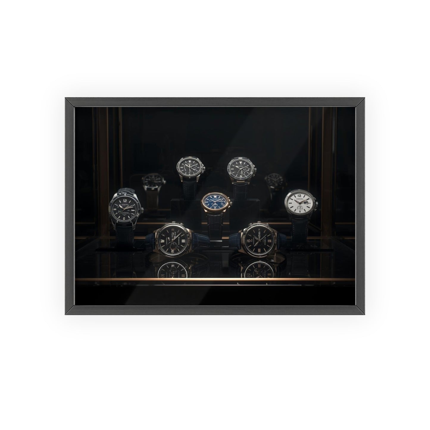 Collection of watches in a black display case on a white background