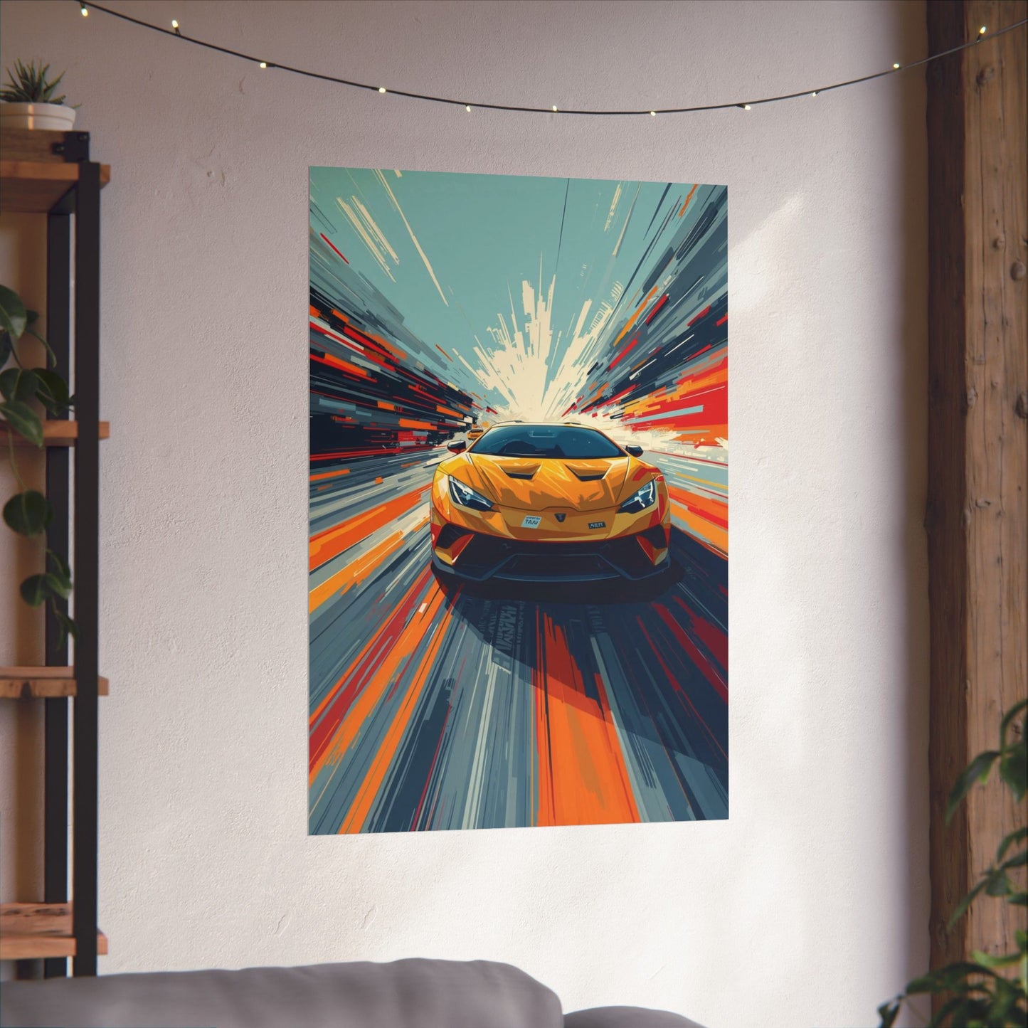Colorful abstract poster of a yellow car on a white wall