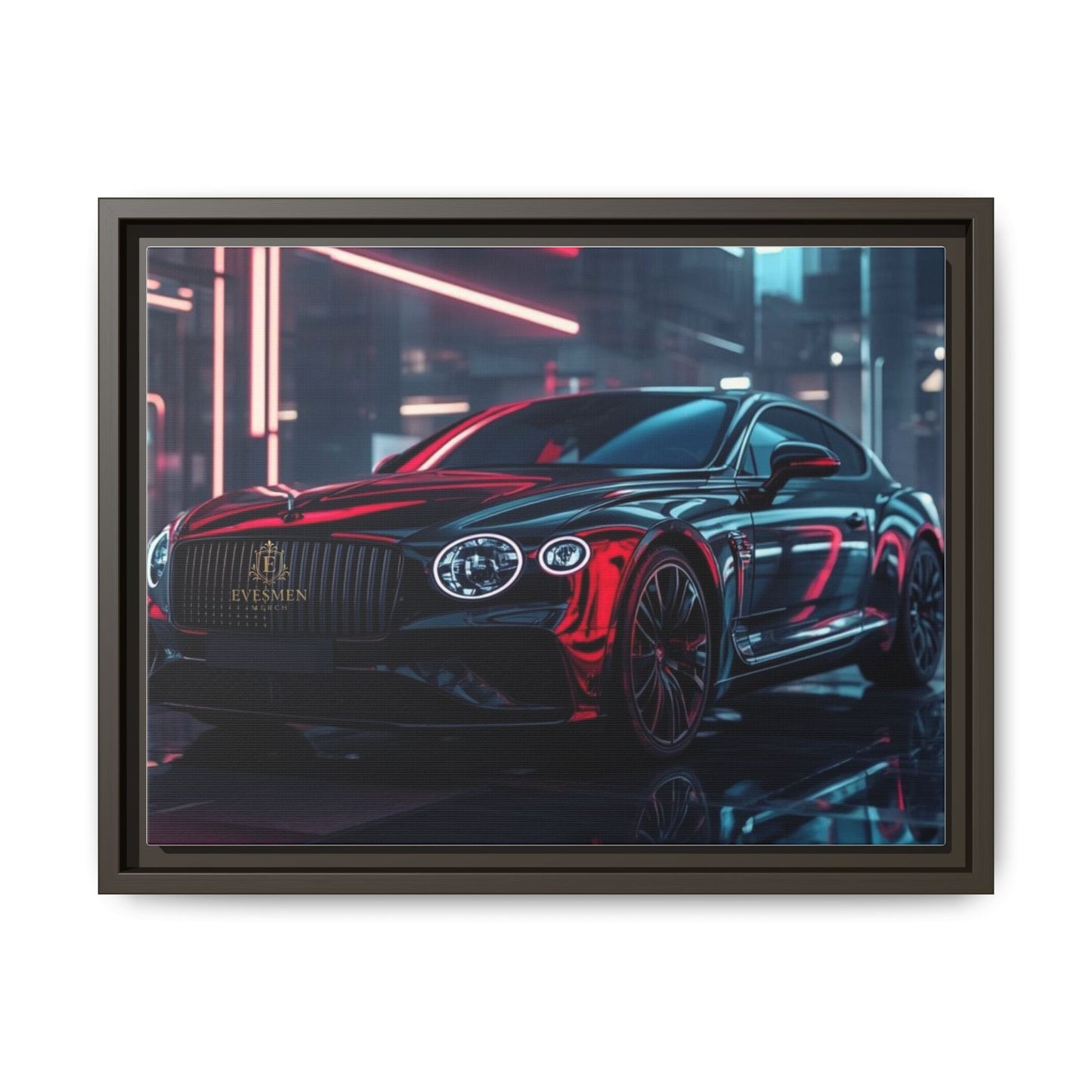 Framed Matte Canvas Print — Red Luxury Sports Car Neon City Wall Art