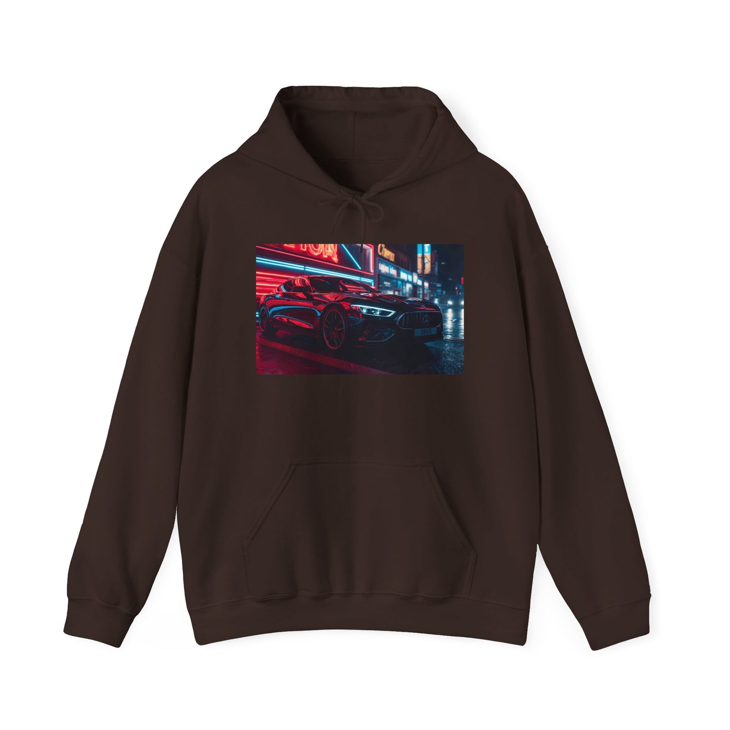 Brown hoodie with a graphic of a car on a neon-lit street on a white background
