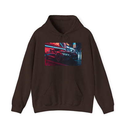 Brown hoodie with a graphic of a car on a neon-lit street on a white background