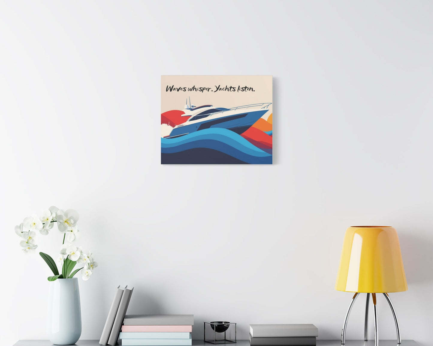 Colorful canvas wall art of a yacht on a white wall above a shelf with decor items.