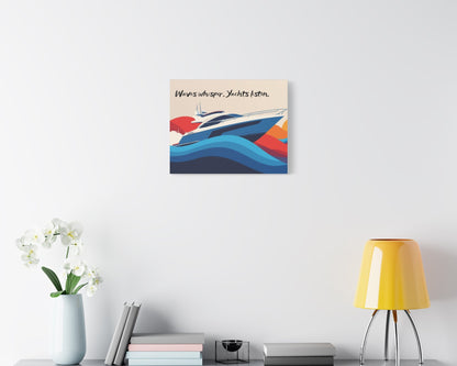 Colorful canvas wall art of a yacht on a white wall above a shelf with decor items.