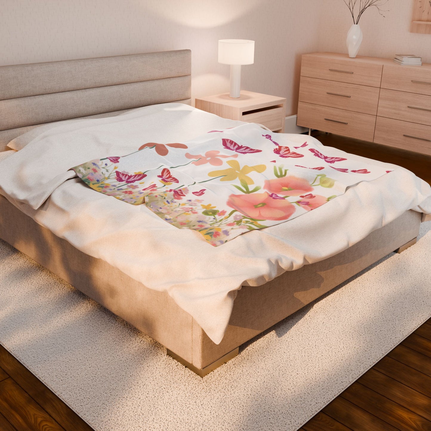 Bed with floral blanket in a bedroom setting