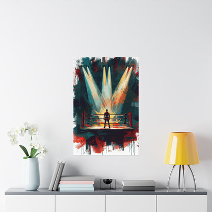 Abstract painting of a boxer in a ring on a wall above a shelf with decor items.