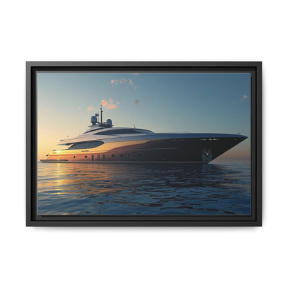 Framed photograph of a luxury yacht on the water with a sunset sky.