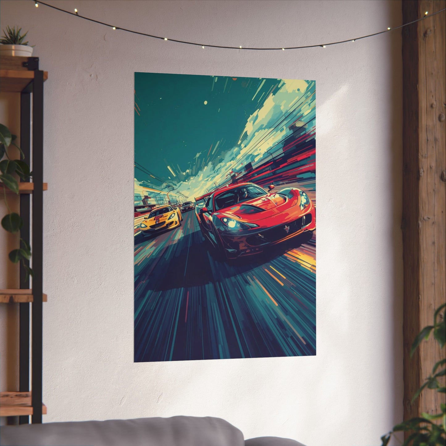 Colorful tapestry of racing cars hanging on a wall in a room with a shelf and plants.